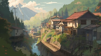 the village in Japan anime illustration is a place of harmony and balance, where people live in harmony with the land and with each other.  - obrazy, fototapety, plakaty