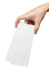 Male hand holding two blank sheets of paper (tickets, flyers, invitations, coupons, banknotes, etc.), cut out