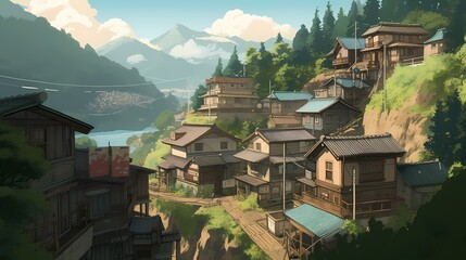 The village in Japan anime illustration is surrounded by breathtaking natural beauty, with towering mountains and crystal-clear rivers providing a stunning backdrop to everyday life. 