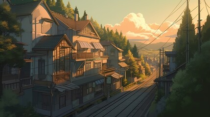 Obraz premium The village in Japan anime illustration is a charming and picturesque community nestled amidst rolling hills and lush forests. 