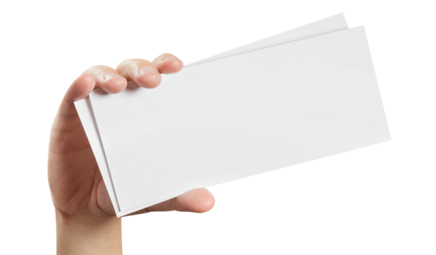 Male hand holding two blank sheets of paper (tickets, flyers, invitations, coupons, banknotes, etc.), cut out