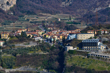 Panorama of Torbole a small town on Lake Garda, Italy. Europa.Beautiful Lake Garda surrounded by mountains  in the spring time seen from Mount Brione