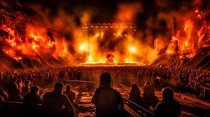 Silhouettes of Rock concert crowd in front of bright stage lights Fire, explosions, smoke and pyrotechnics. Digital album art illustration, AI generated.