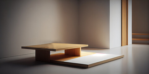 Fototapeta premium Empty wooden table top with an asymmetrical Japanese style for product display. Generative AI
