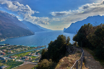 Panorama of Torbole a small town on Lake Garda, Italy. Europa.Beautiful Lake Garda surrounded by...