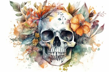 Gemalter Totenkopf mit Blumen und sehr vielen Feinheiten, wie auch Details.  Illustration vom Totenkopf mit Pflanzen als Aquarell - wandbild oder Tattoo - KI generiert. Generative AI - obrazy, fototapety, plakaty