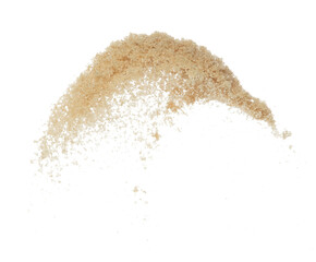 Fototapeta na wymiar Brown Sugar flying explosion, brown grain sugar explode abstract cloud fly. Beautiful complete seed sugarcane splash in air, food object design. Selective focus freeze shot white background isolated