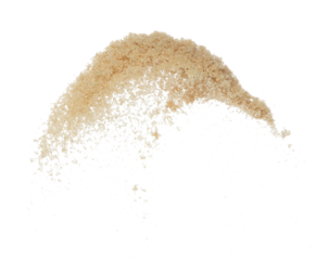 Brown Sugar flying explosion, brown grain sugar explode abstract cloud fly. Beautiful complete seed sugarcane splash in air, food object design. Selective focus freeze shot white background isolated