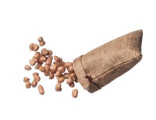 Peanut flying in sack bag, brown grain peanuts throw abstract float. Beautiful complete seed pea peanut sack bag splash in air, food object design. White background isolated high speed shutter freeze