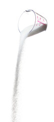 Pure refined Sugar in measured cup, white crystal sugar fall line down. Pure refined sugar stop in...
