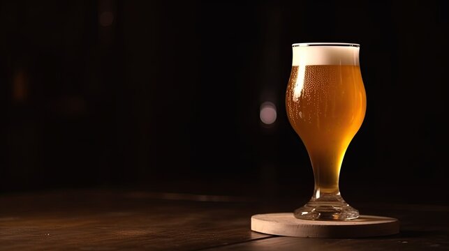 Glass of beer on a table in a bar Generative AI