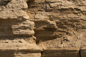 A stone slab near the Black Sea coast in close-up. Layered structure of sedimentary rocks. Coastal texture.