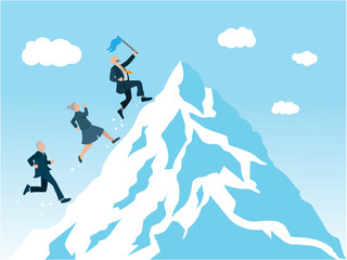 illustration montrant des hommes des femmes d'affaire montant au sommet d'une montagne pour y planter un drapeau. Concept de compétition, de travail d'équipe pour atteindre un objectif