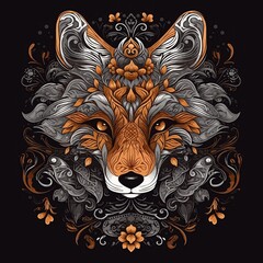 Face of a fox in floral and in the style of dark compositions. Generative AI
