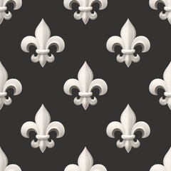 Vector Seamless Pattern with Vintage 3d Realistic White Fleur De Lis Closeup on Black Background. Heraldic Lily, Front View. Vector Illustration