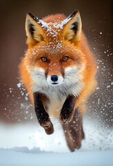 Fototapeta premium Fox leaping through snow. Generative AI