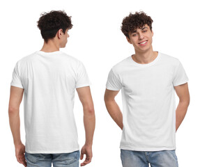 Collage with photos of man in stylish t-shirt on white background, back and front views. Mockup for...
