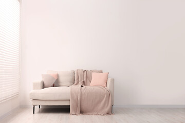 Fototapeta na wymiar Cozy sofa with pillows and blanket in living room, space for text. Interior design