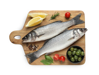 Tasty sea bass fish and ingredients isolated on white, top view