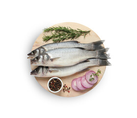 Tasty sea bass fish and ingredients isolated on white, top view