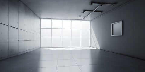 Empty white concrete hall interior with artificial and daylight and reflections on floor. Empty office. Copy space for text or mock-up. Generative AI