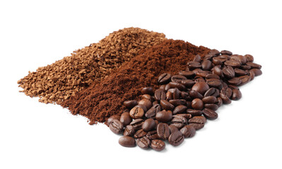 Beans, instant and ground coffee on white background