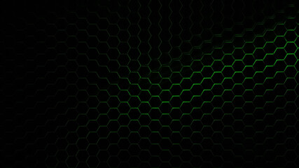 Illustration of a dark patterned background with green illuminated patterns with effects