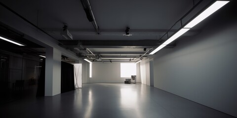 Empty white concrete hall interior with artificial and daylight and reflections on floor. Empty office. Copy space for text or mock-up. Generative AI