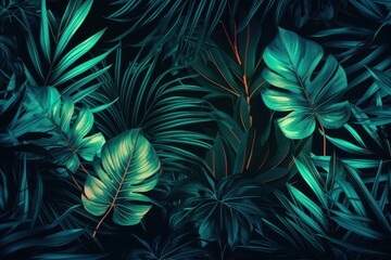 Naklejka na ściany i meble neon background with tropical leaves