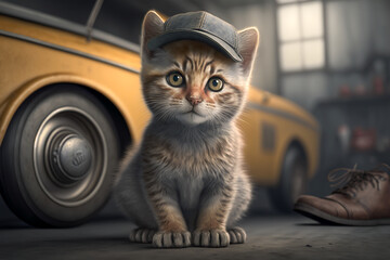 Cute cartoon kitten with cap curiously looking at viewer in the garage. Automotive technician cat, repair vehicle concept. Fictional person and place. Made with Generative AI
