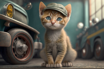 Cute cartoon kitten with cap curiously looking at viewer in the garage. Automotive technician cat, repair vehicle concept. Fictional person and place. Made with Generative AI