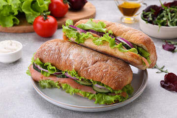 Delicious sandwiches with fresh vegetables and salmon on light gray table