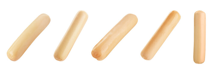 Collage with fresh raw sausages on white background