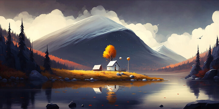 A small cabin beside a lake, Generative AI illustrations