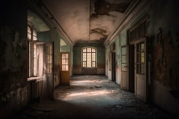 Gloomy shabby corridor with collapsed ceiling in abandoned asylum. Generative AI
