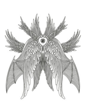 angel with one eye and wings. vintage engraving style, vector illustration