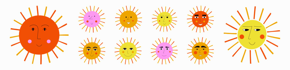 Smiling sun, abstract personage, mascot design, funny face, cute icon.