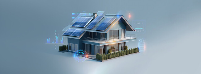 futuristic generic smart home with solar panels rooftop system for renewable energy concepts as wide banner with copyspace area - Generative AI - obrazy, fototapety, plakaty
