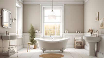 Obraz na płótnie Canvas Charming vintage minimalist bathroom, white and beige tones. generative ai