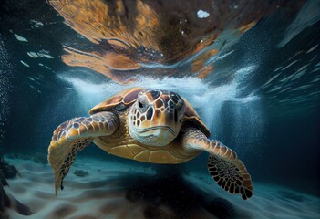 Sea turtle swimming underwater. Generative AI