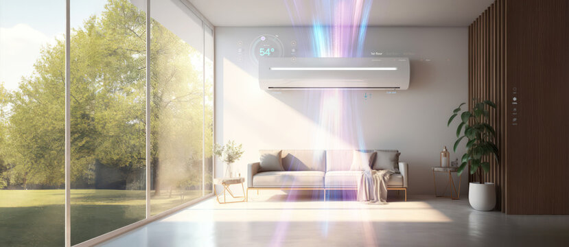 generic air conditioner purifier or AC controller split unit mockup with modern bright Livingroom background - Generative AI