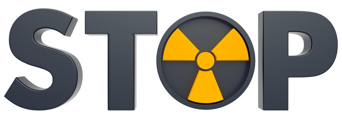 Stop Text Radiation warning sign 3d representation, nuclear symbol isolated on white that represents radioactive contamination, atomic waste and hazardous radioactive pollution, 3d Illustration