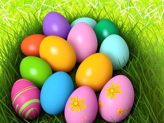 Colorful Easter eggs on green grass background with empty space. Generative AI.