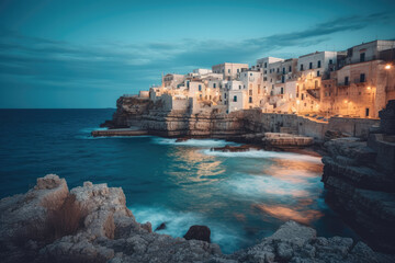 Obraz premium Spectacular spring cityscape of Polignano a Mare town, Puglia region, Italy, Europe. Colorful evening seascape of Adriatic sea. Traveling concept background, Generative AI, Generativ, KI, 