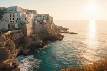 Spectacular spring cityscape of Polignano a Mare town, Puglia region, Italy, Europe. Colorful evening seascape of Adriatic sea. Traveling concept background, Generative AI, Generativ, KI, 