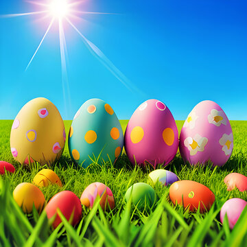 Painted Easter eggs on green grass against a blue sunny sky. Generative AI.