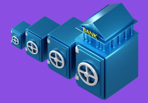 Bank deposits. Bank building on safes. Investment of savings on deposit. Growing chart of safes. Growth of confidence in banking system. Increasing interest rate concept. Finance, economics. 3d image