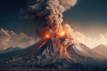 exploding volcano at night created with Generative AI technology - obrazy, fototapety, plakaty