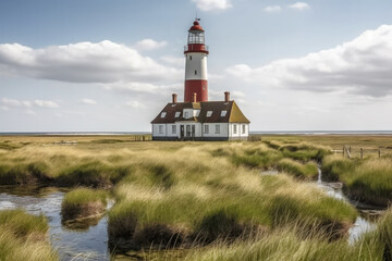 Fototapeta na wymiar lighthouse on the coast created with Generative AI technology