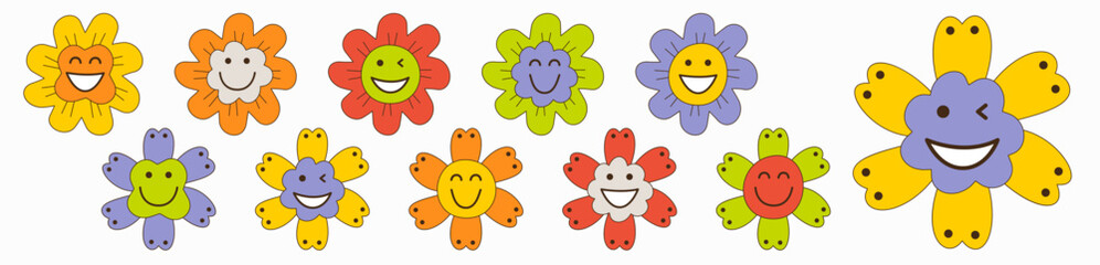 Smiling flower, abstract personage, mascot design, funny face, cute icon.